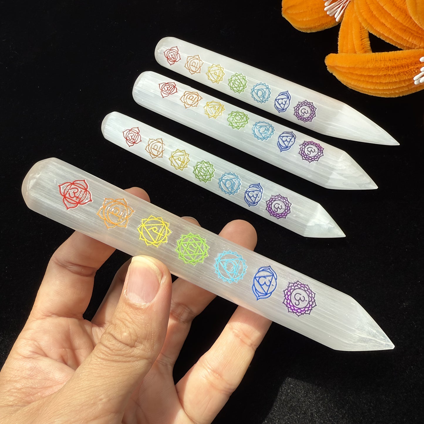 Selenite Crystal Wand with 7 Chakra Symbols – Reiki Healing Stick for Energy Clearing & Meditation