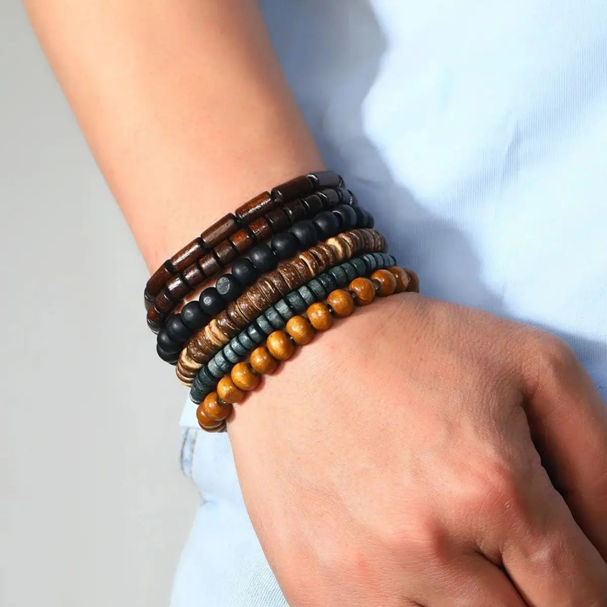 Wooden & Leather Bracelet Set – Vintage Wraps for Balance & Style