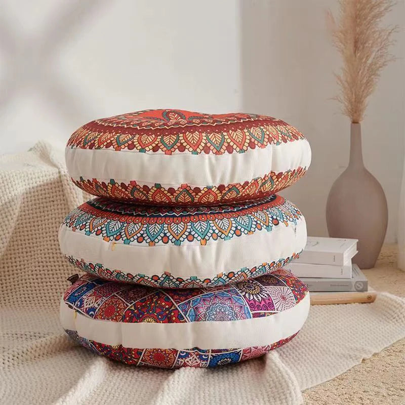 Linen Round Meditation Cushion – Boho Seat Pad for Home & Ritual Spaces