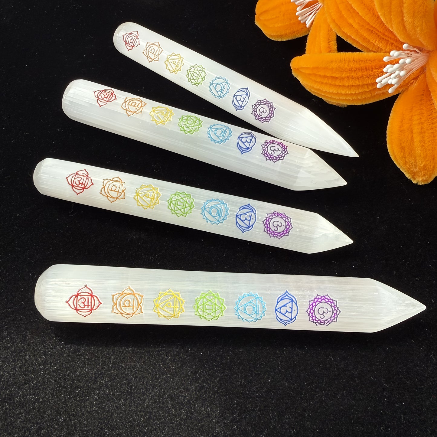 Selenite Crystal Wand with 7 Chakra Symbols – Reiki Healing Stick for Energy Clearing & Meditation