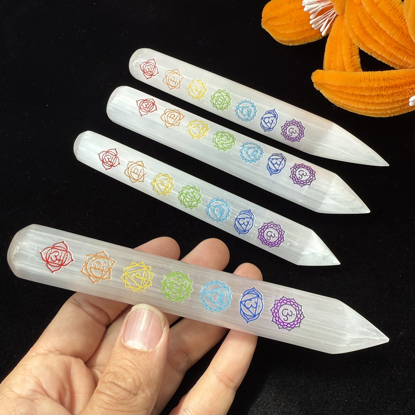 Selenite Crystal Wand with 7 Chakra Symbols – Reiki Healing Stick for Energy Clearing & Meditation