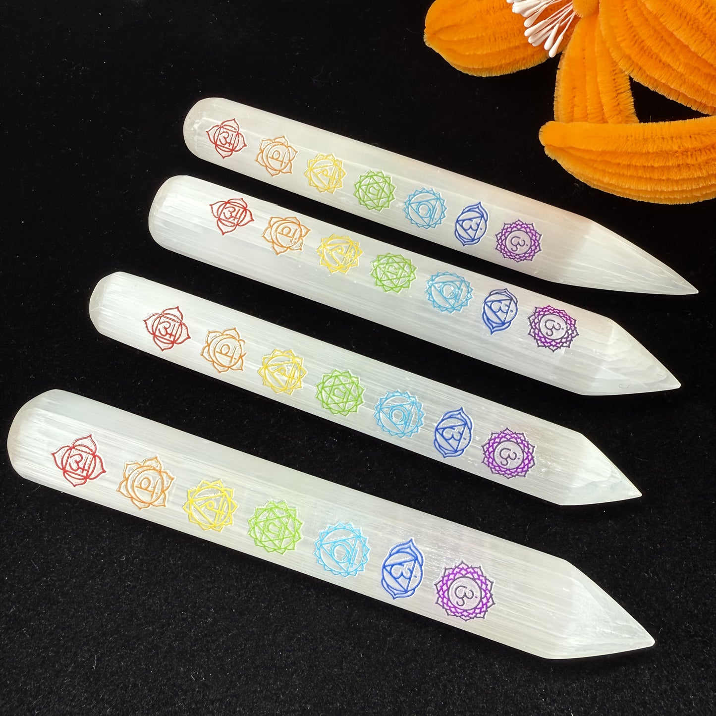 Selenite Crystal Wand with 7 Chakra Symbols – Reiki Healing Stick for Energy Clearing & Meditation