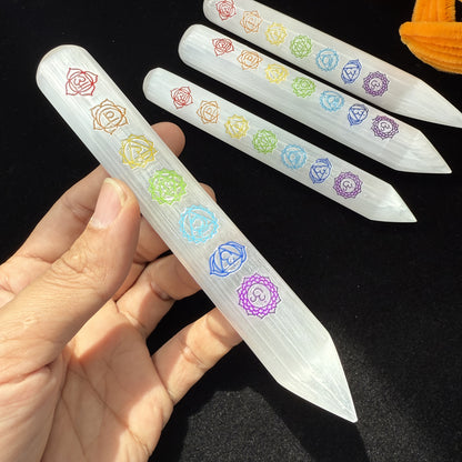 Selenite Crystal Wand with 7 Chakra Symbols – Reiki Healing Stick for Energy Clearing & Meditation