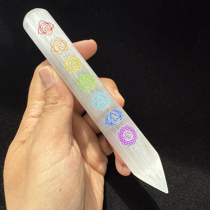 Selenite Crystal Wand with 7 Chakra Symbols – Reiki Healing Stick for Energy Clearing & Meditation