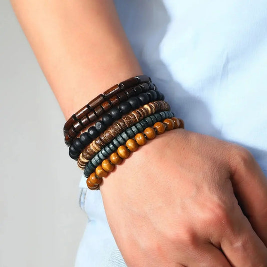 Wooden & Leather Bracelet Set – Vintage Wraps for Balance & Style