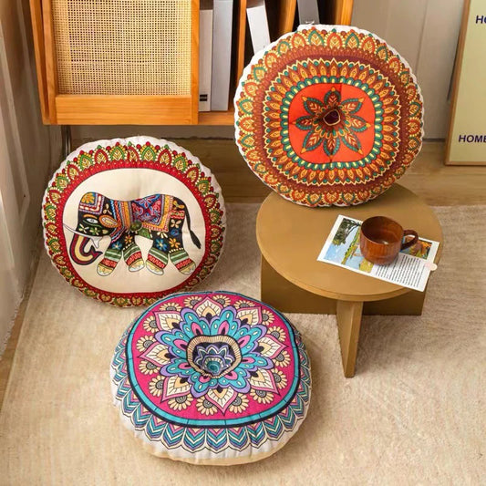 Linen Round Meditation Cushion – Boho Seat Pad for Home & Ritual Spaces
