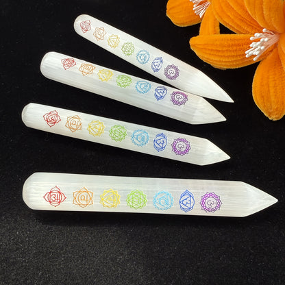 Selenite Crystal Wand with 7 Chakra Symbols – Reiki Healing Stick for Energy Clearing & Meditation