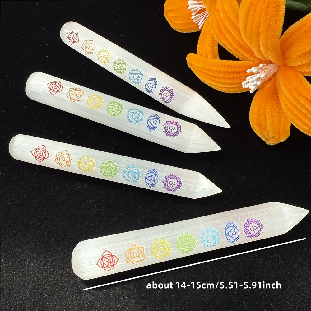 Selenite Crystal Wand with 7 Chakra Symbols – Reiki Healing Stick for Energy Clearing & Meditation